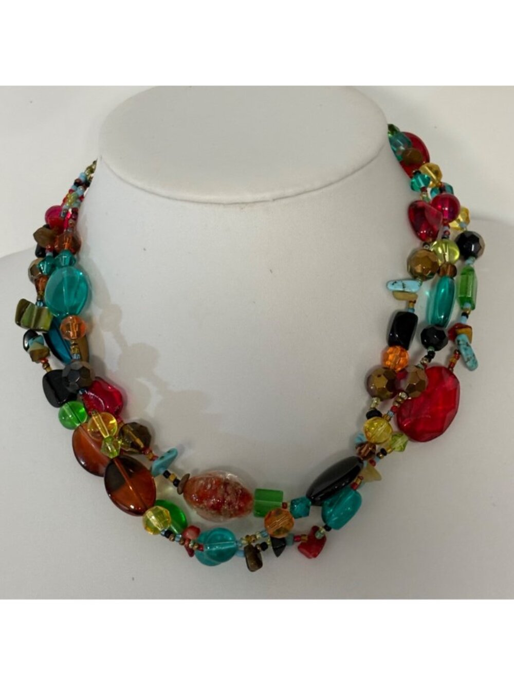 Colorful Multistrand Glass Beaded Gemstone Necklace Silvertone Statement - Picture 8 of 9